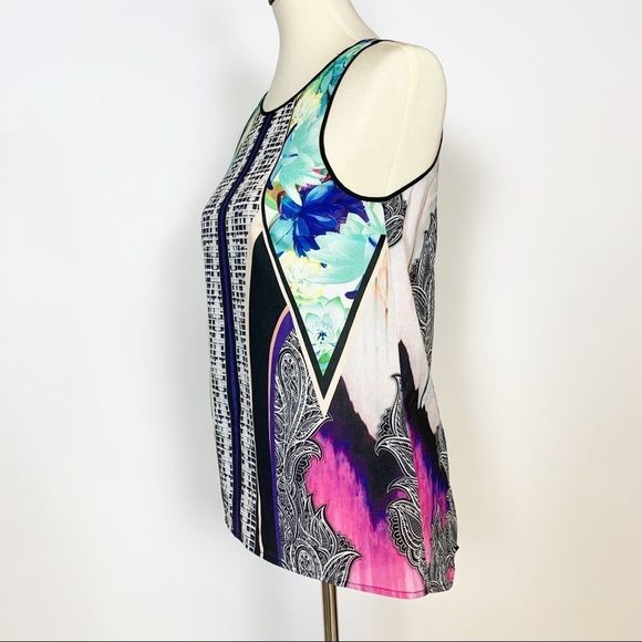 CLOVER CANYON Bright Tropical Print Silky Criss Cross Abstract Blouse - Picture 3 of 10